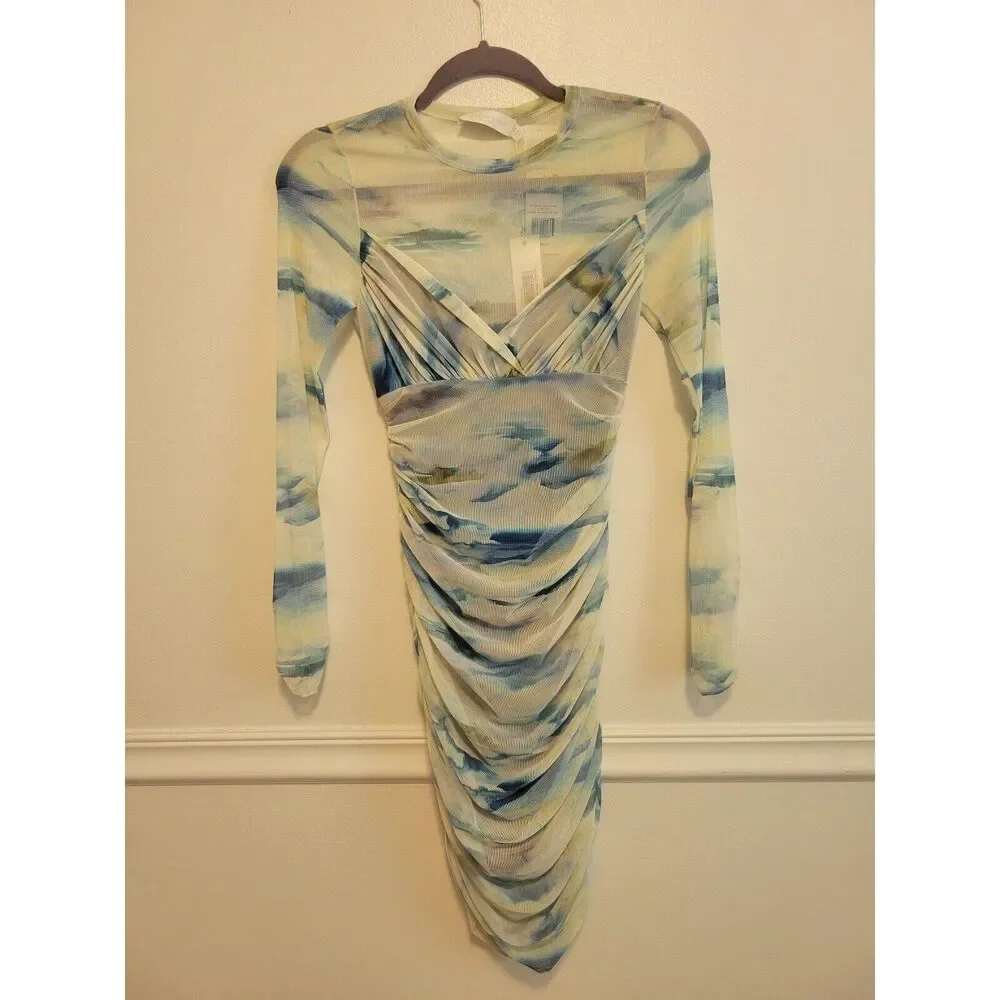 New womens sz xs jonathan simkhai nica ruched mesh watercolor print mini dress
